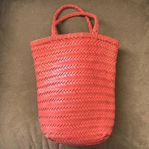 Anthropologie Woven Leather Market Bag Coral Pink Basket Tote Boho - Picture 10 of 10
